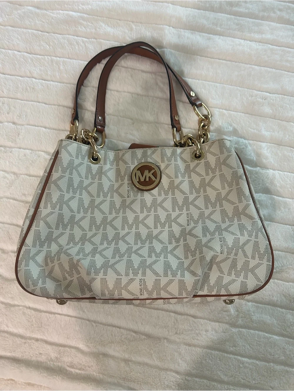 MICHAEL KORS Beige Logo Canvas Tote with Brown Trim and Gold Hardware